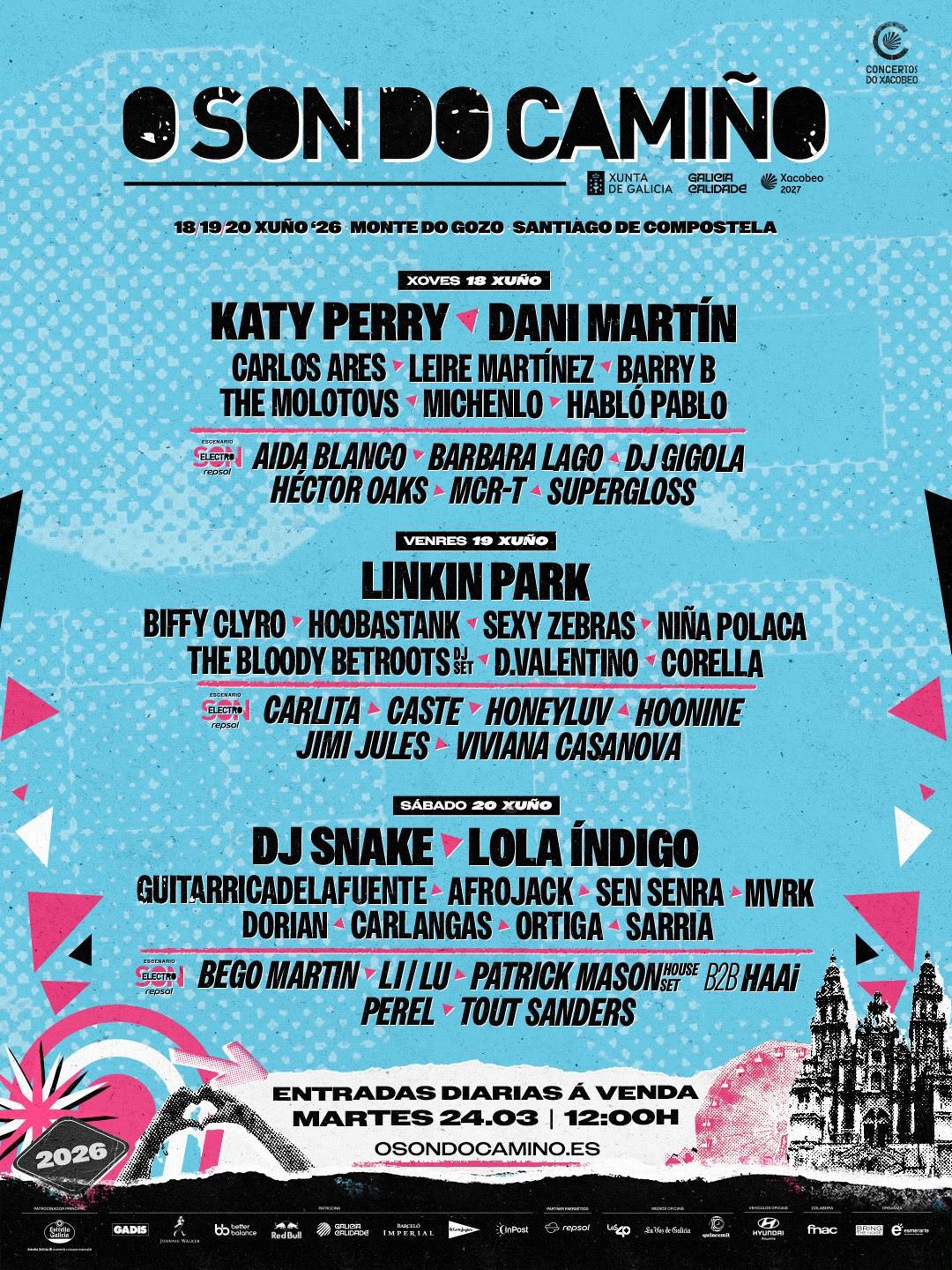 Blue Oson Do Camin o festival poster showing dates and an all-star lineup (Katy Perry, Linkin Park, etc.).