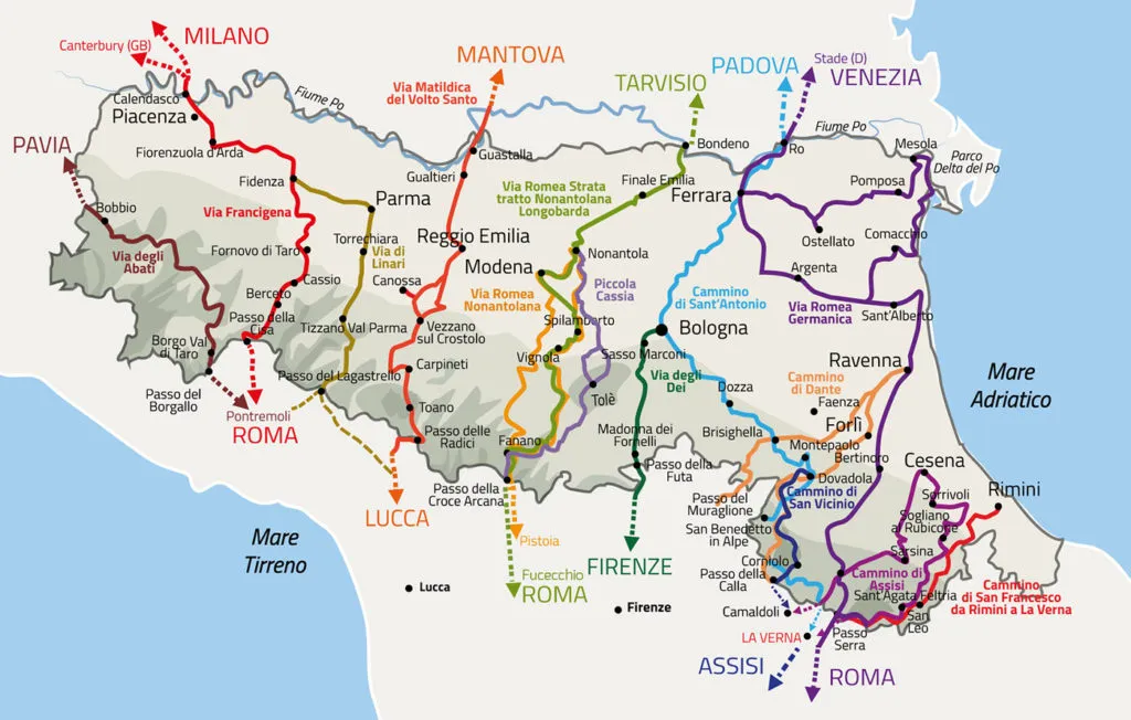 Map of Italy showing multiple colored travel routes connecting major cities from Milano to Roma and Venezia with labeled paths along the coast and interior.
