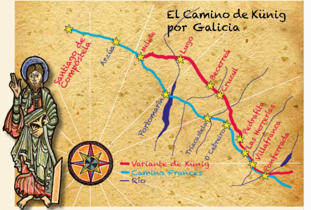 Map showing two Camino routes through Galicia: red König variant and blue Camino Francés with labeled stop towns marked by stars; saint figure on the left.