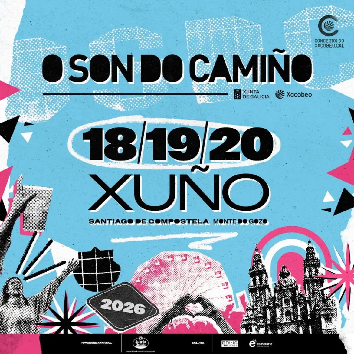 Poster for O Son do Camiño music festival with dates 18/19/20 XUNO in Santiago de Compostela, Monte do Gozo, on a bright blue collage design