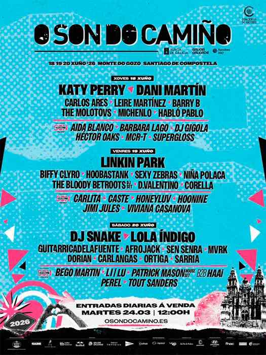 O SON DO CAMINO festival poster with headliners Katy Perry, Dani Martín, Linkin Park, DJ Snake, Lola Indigo.