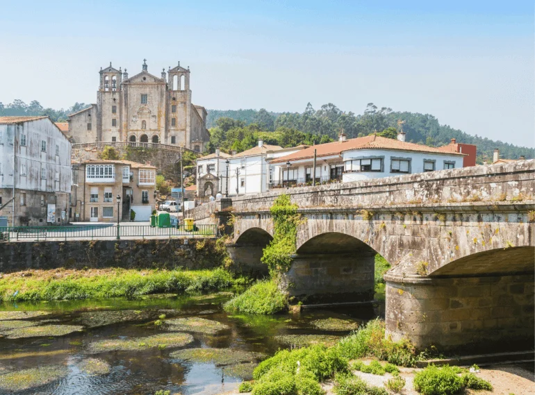 Stone bridge with arches over a river; historic town with large church on hill in the background.