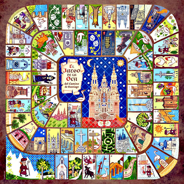 Colorful illustrated board game depicting the Camino de Santiago route circling a central cathedral image with small scenes along the path.