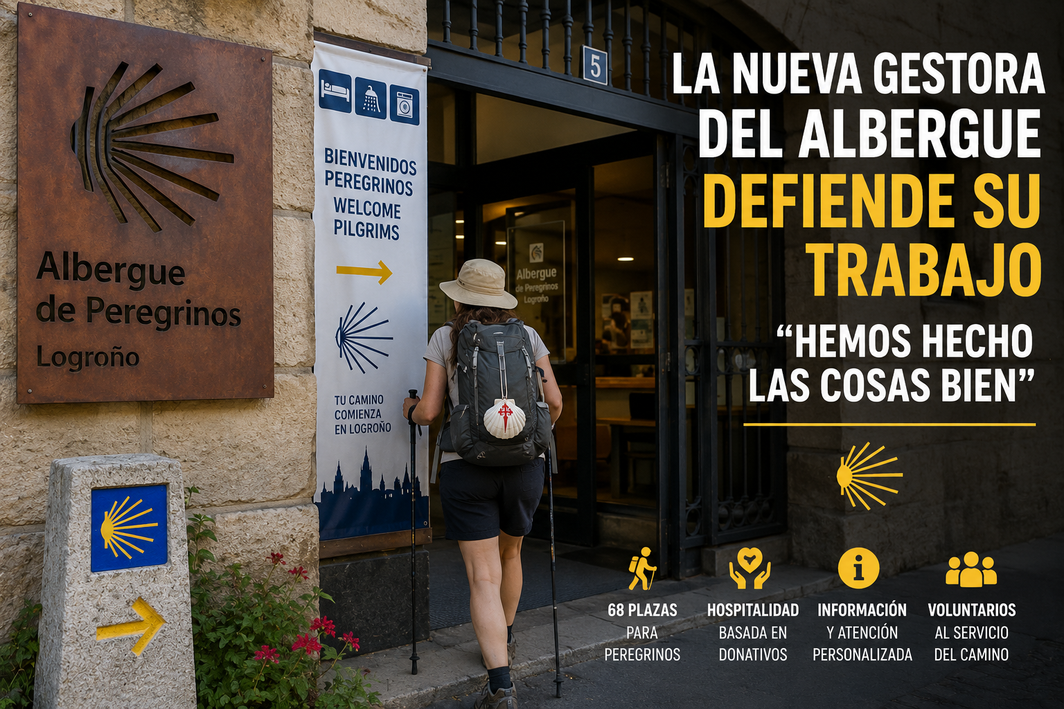Hiker with a backpack and walking poles enters Albergue de Peregrinos Logroño; banner beside the door welcomes pilgrims.