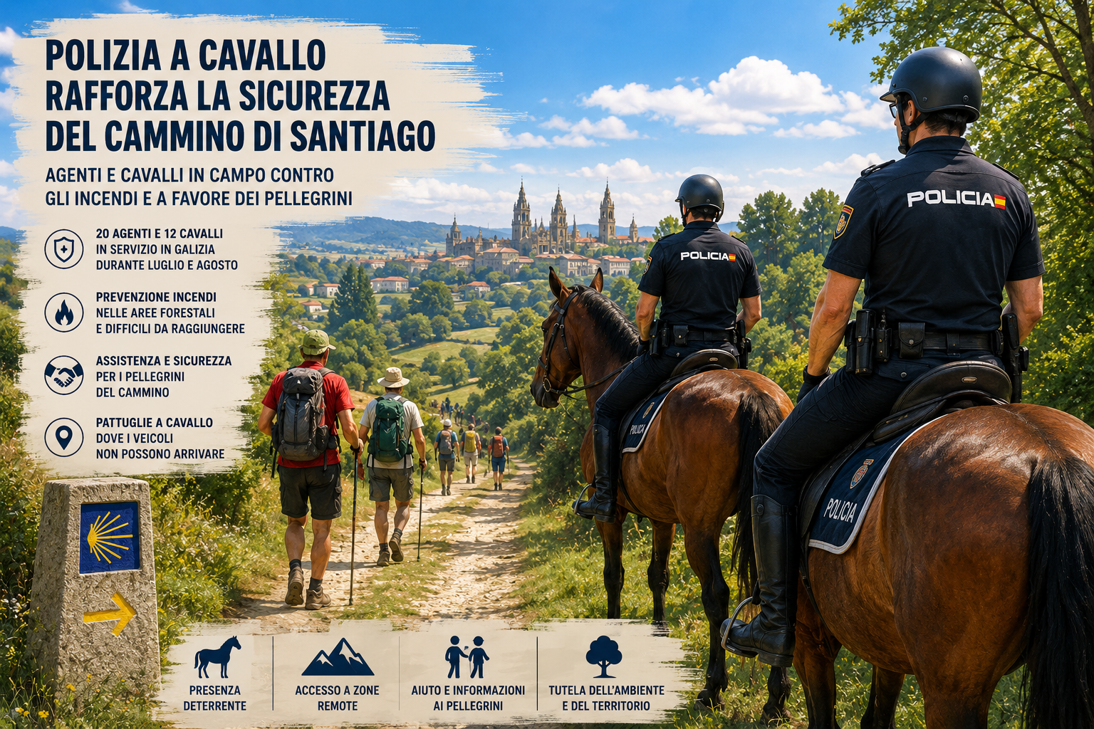 Poster with mounted police patrolling a rural Camino de Santiago trail; Italian safety message on the left and pilgrims in the distance.