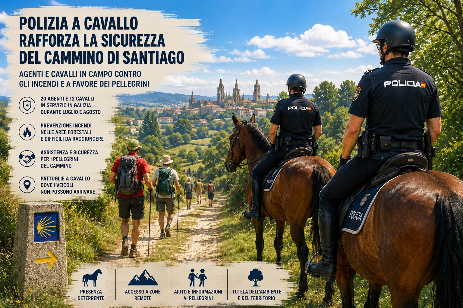 Poster with mounted police patrolling a rural Camino de Santiago trail; Italian safety message on the left and pilgrims in the distance.