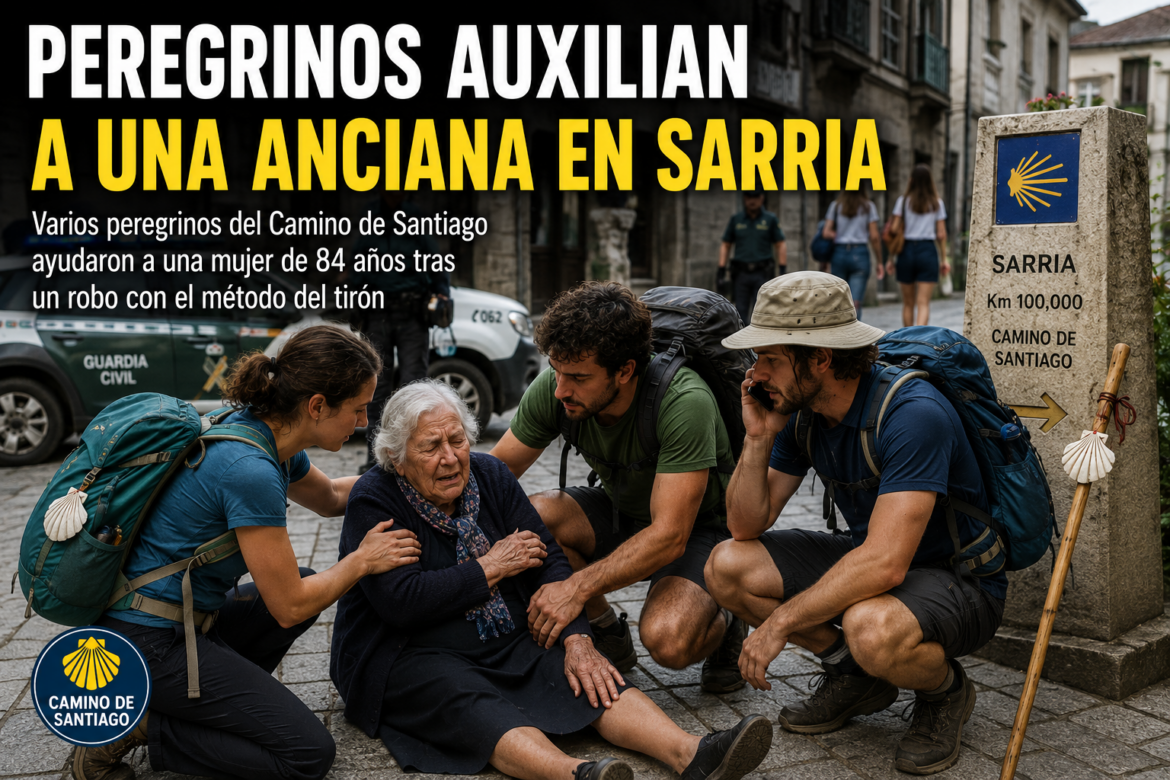 Three Camino pilgrims kneel to help an elderly woman on a street in Sarria, near a stone marker.