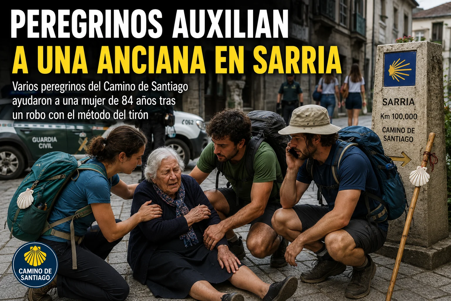 Three Camino pilgrims kneel to help elderly woman on street in Sarria, near a stone marker.