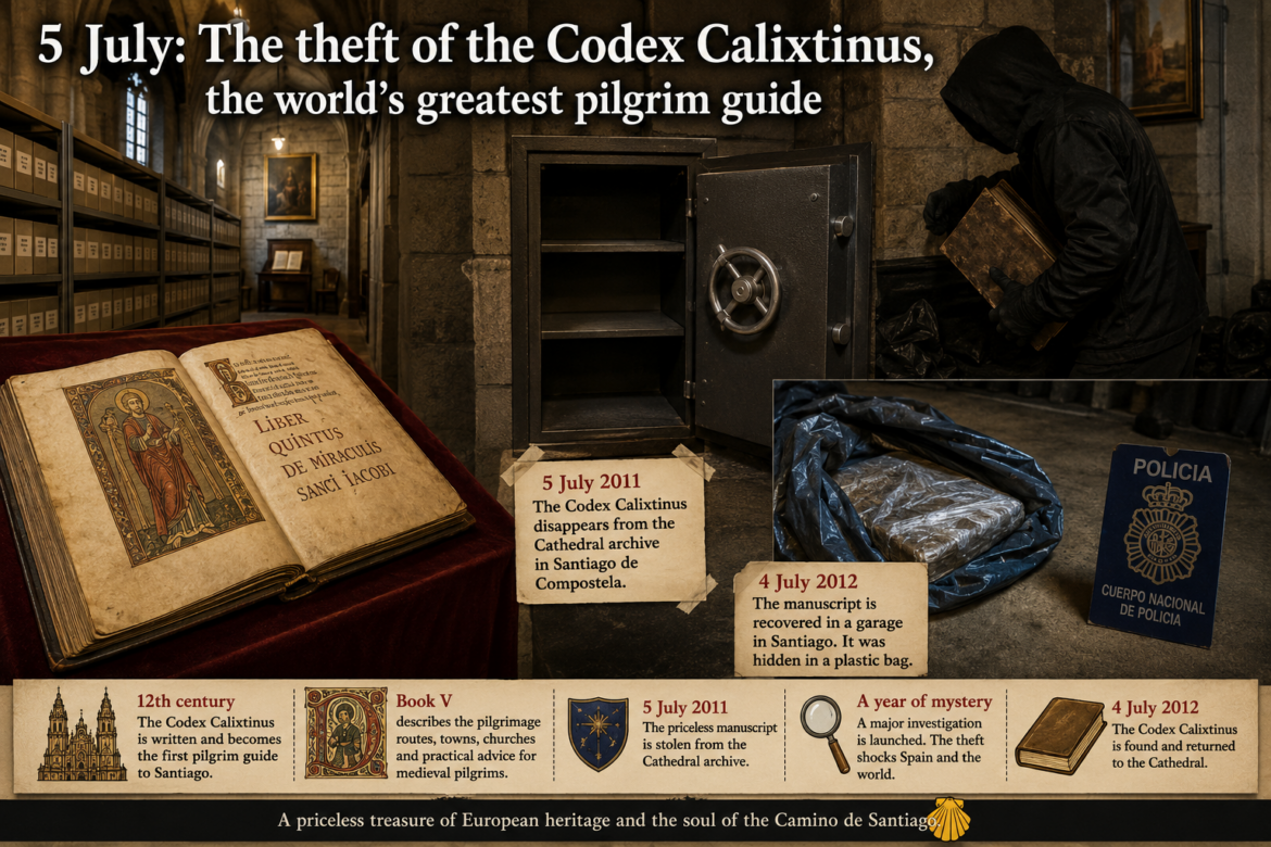 Promotional banner for a story about the theft of the Codex Calixtinus in a cathedral archive, showing a vault, manuscript, and hooded figure holding a book.