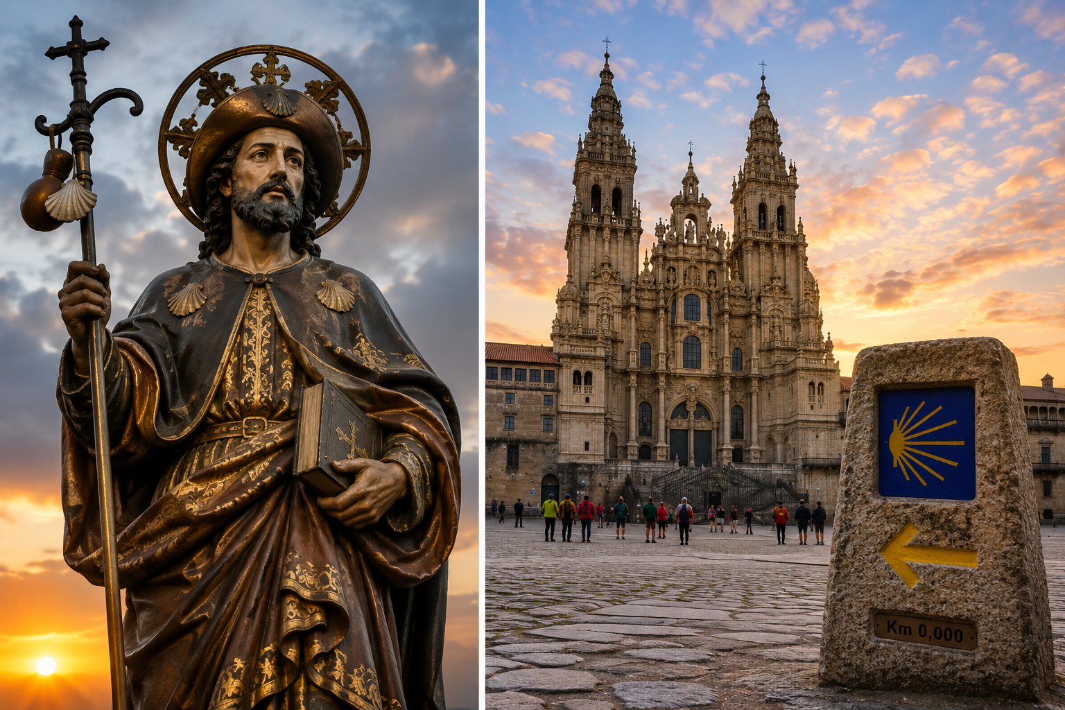 Bronze statue of Saint James holding a staff and a book, lit by a sunset.