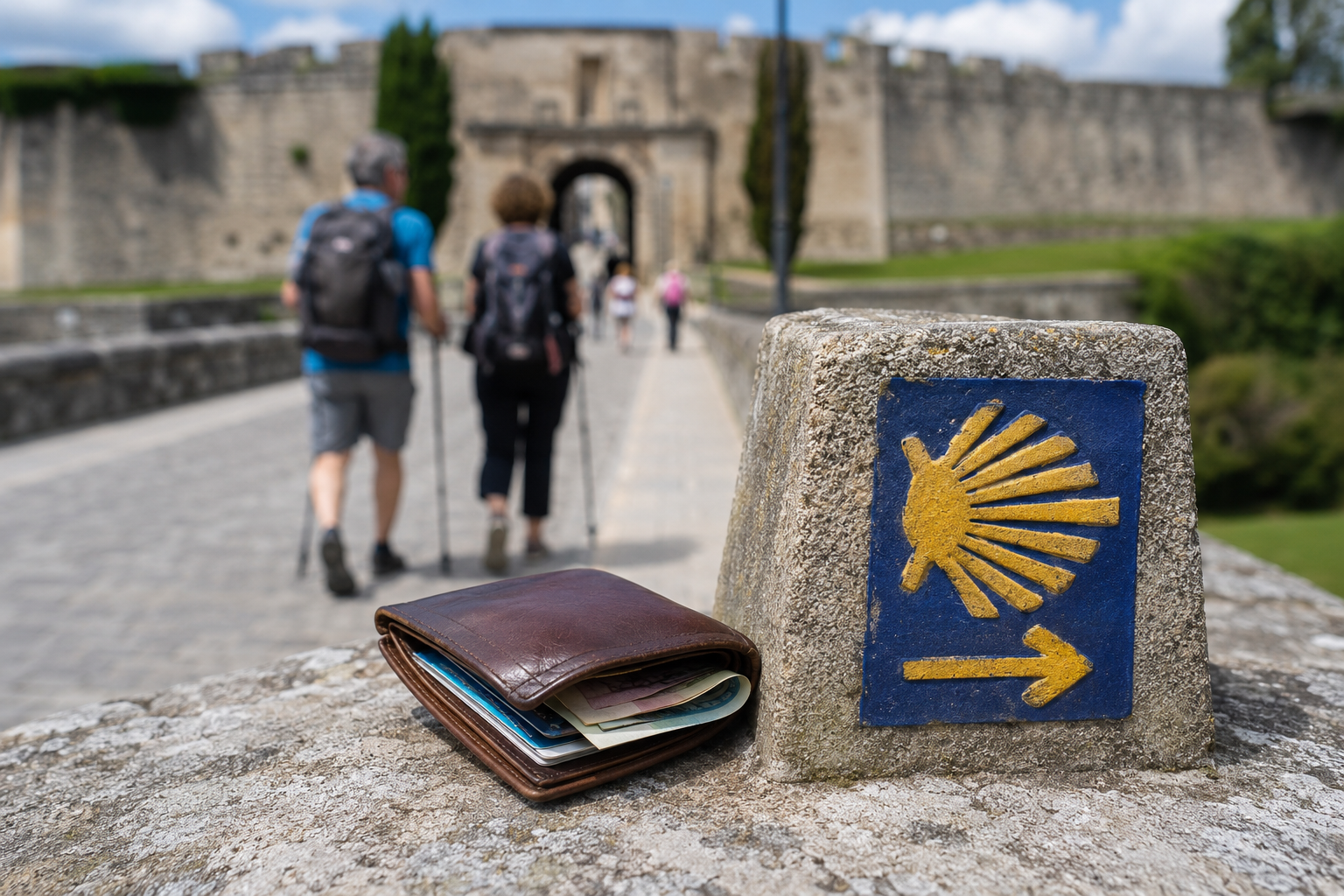 Leather wallet with papers rests on a stone ledge; blurred hikers with backpacks walk toward a historic gate along a stone path.