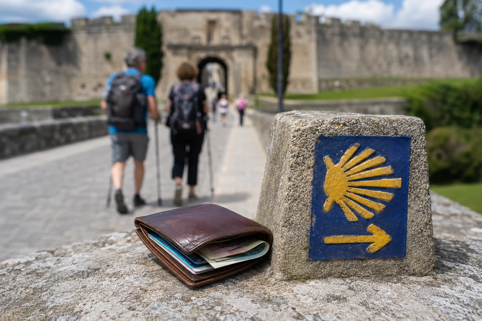 Leather wallet with papers rests on stone ledge; blurred hikers with backpacks walk toward a historic gat along a stone path.