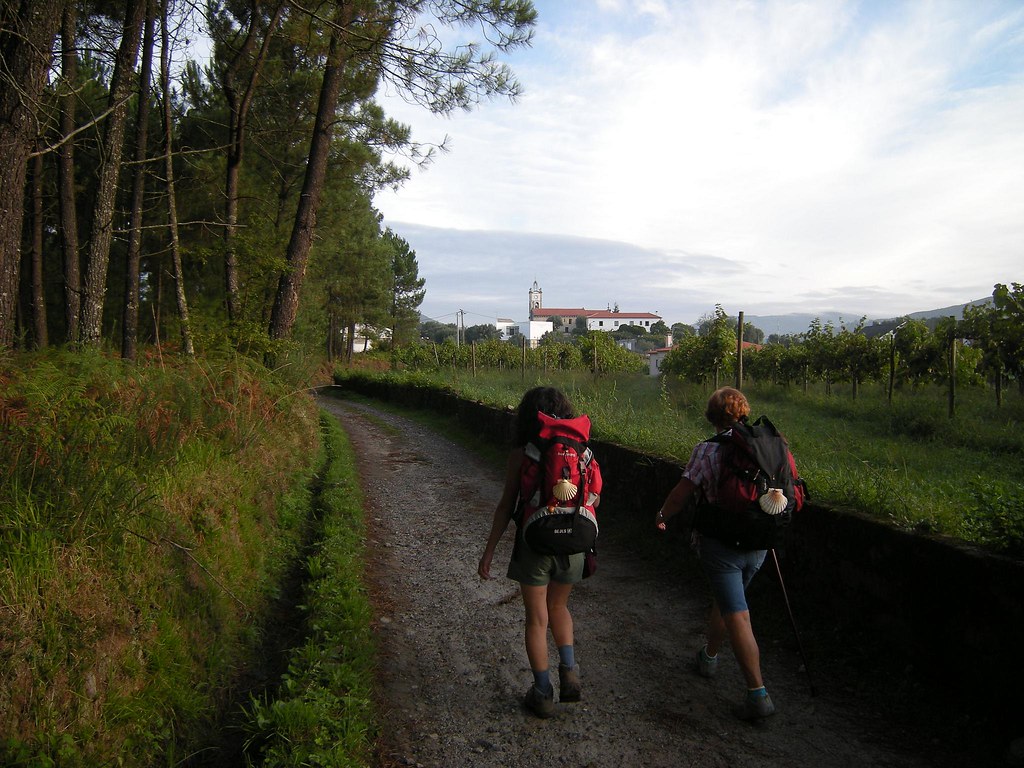 Two hikers with backpacks walk a rural dirt path lined with trees and grapevines toward a small village in the distance.