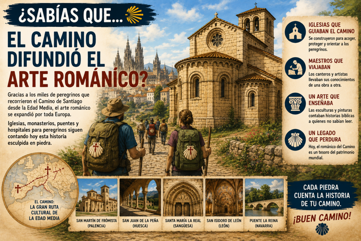 Peregrinos con mochilas avanzan hacia una iglesia románica; infografía sobre el Camino de Santiago y el arte románico.