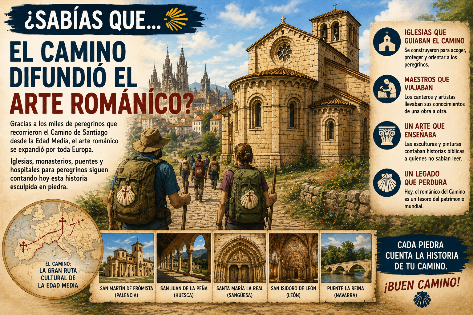 Peregrinos con mochilas avanzan hacia una iglesia románica; infografía sobre el Camino de Santiago y el arte románico.