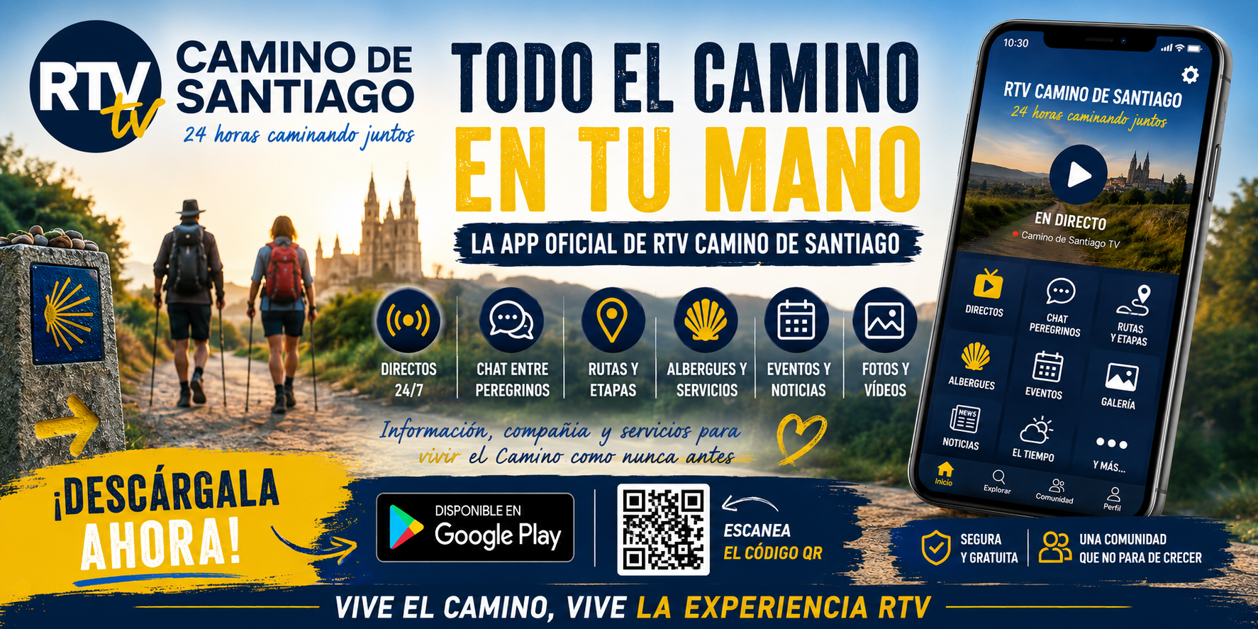 Promotional banner for RTV Camino de Santiago app: hikers on the trail with download badges and QR code, urging to download now.