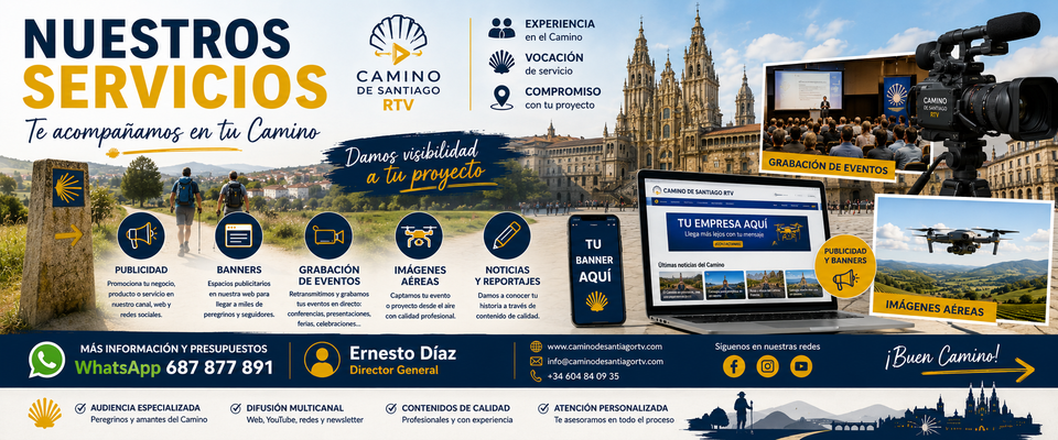 Banner for Camino de Santiago RTV illustrating services: advertising, banners, event recording, aerial images; camera and drone visuals in the scene.
