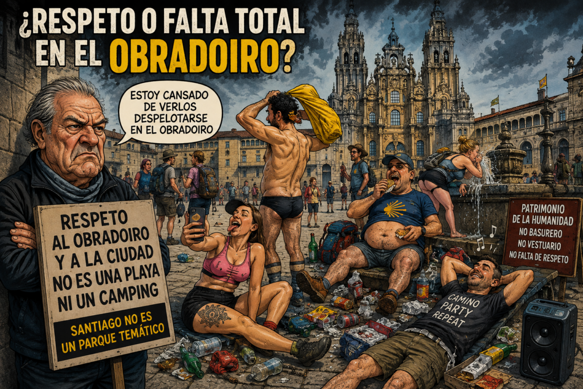 Cartoon of Obradoiro square protesters and revelers; an old man holds a sign demanding respect for the square and city, with a speech bubble about tourists stripping in Obradoiro.