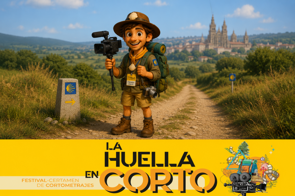 Mascot explorer with a video camera on a dirt path, backpack and hiking gear, in front of a bright yellow banner for the La Huella en Corto festival.