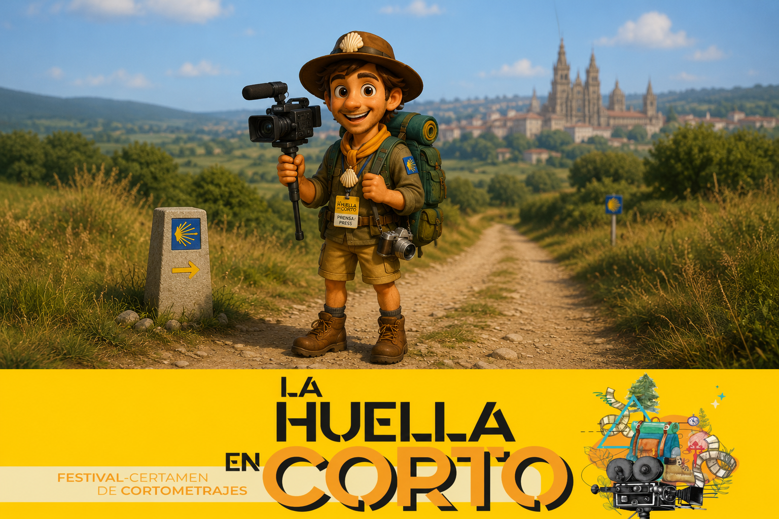 Mascot explorer with a video camera on a dirt path, backpack and hiking gear, in front of a bright yellow banner for the La Huella en Corto festival.