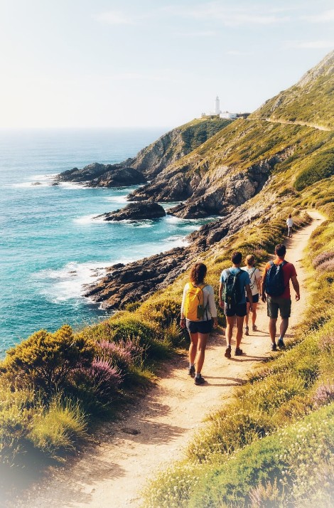 Four hikers with backpacks walk along a cliffside coastal trail toward a distant lighthouse, with the turquoise sea on the left and rugged rocks nearby.