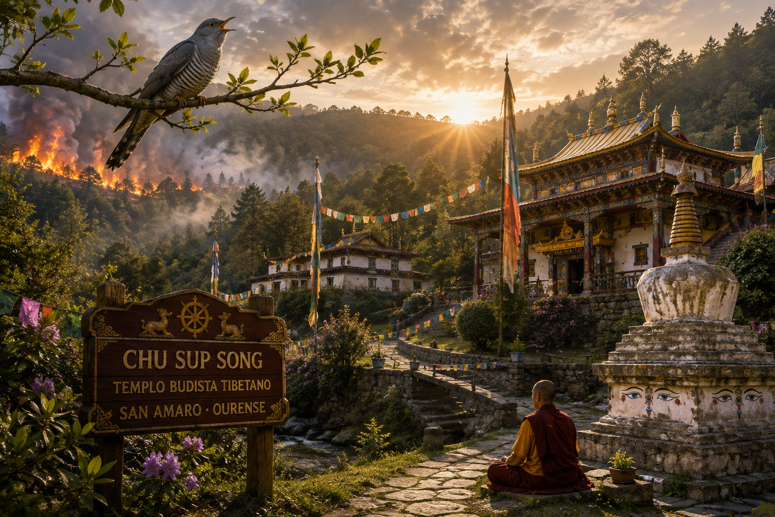 Monk in orange robes meditating near a Tibetan Buddhist temple at sunset with a wooden signboard in the foreground, branches overhead.