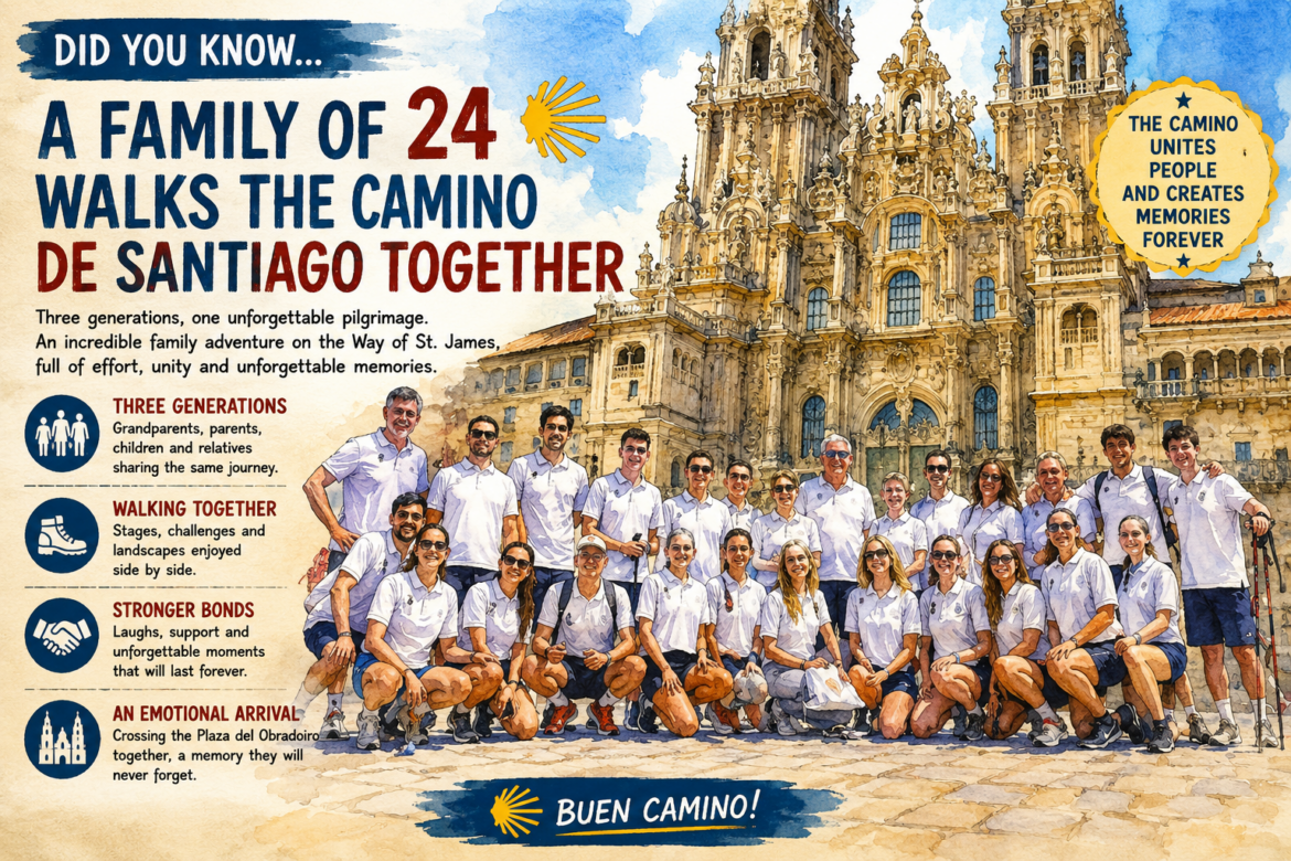 Poster announcing a 24‑member family walking the Camino de Santiago together, with a grand cathedral backdrop and left-side icons explaining the journey.