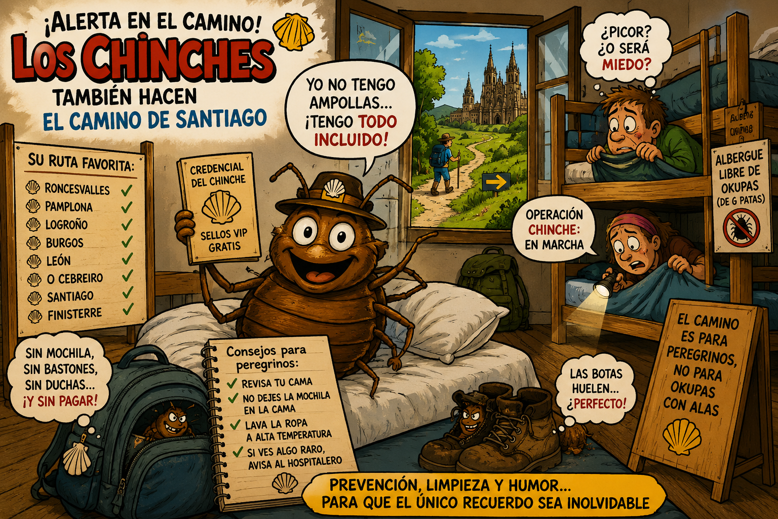 Ilustración cómica de chinches en un albergue, rodeadas de carteles y signos del Camino de Santiago para promover prevención y limpieza para peregrinos.