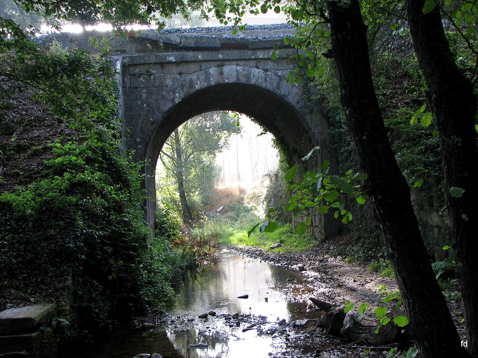 Stone bridge between trees on the French Way, in Sarria