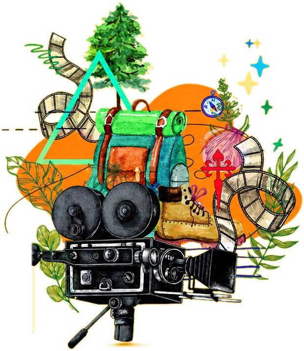 Ilustración de La Huella en Corto: cámara de cine, mochila, bota y bobinas de película