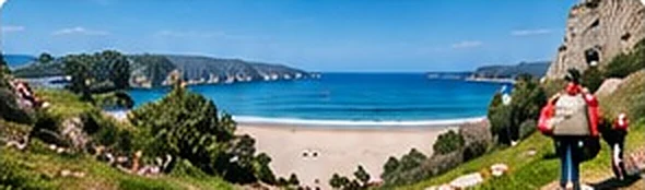 Pèlerins marchant le long d’une plage sur la côte du Camino