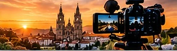 Caméra vidéo enregistrant la cathédrale de Santiago au coucher du soleil