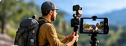 Pèlerin enregistrant avec son téléphone portable sur un stabilisateur